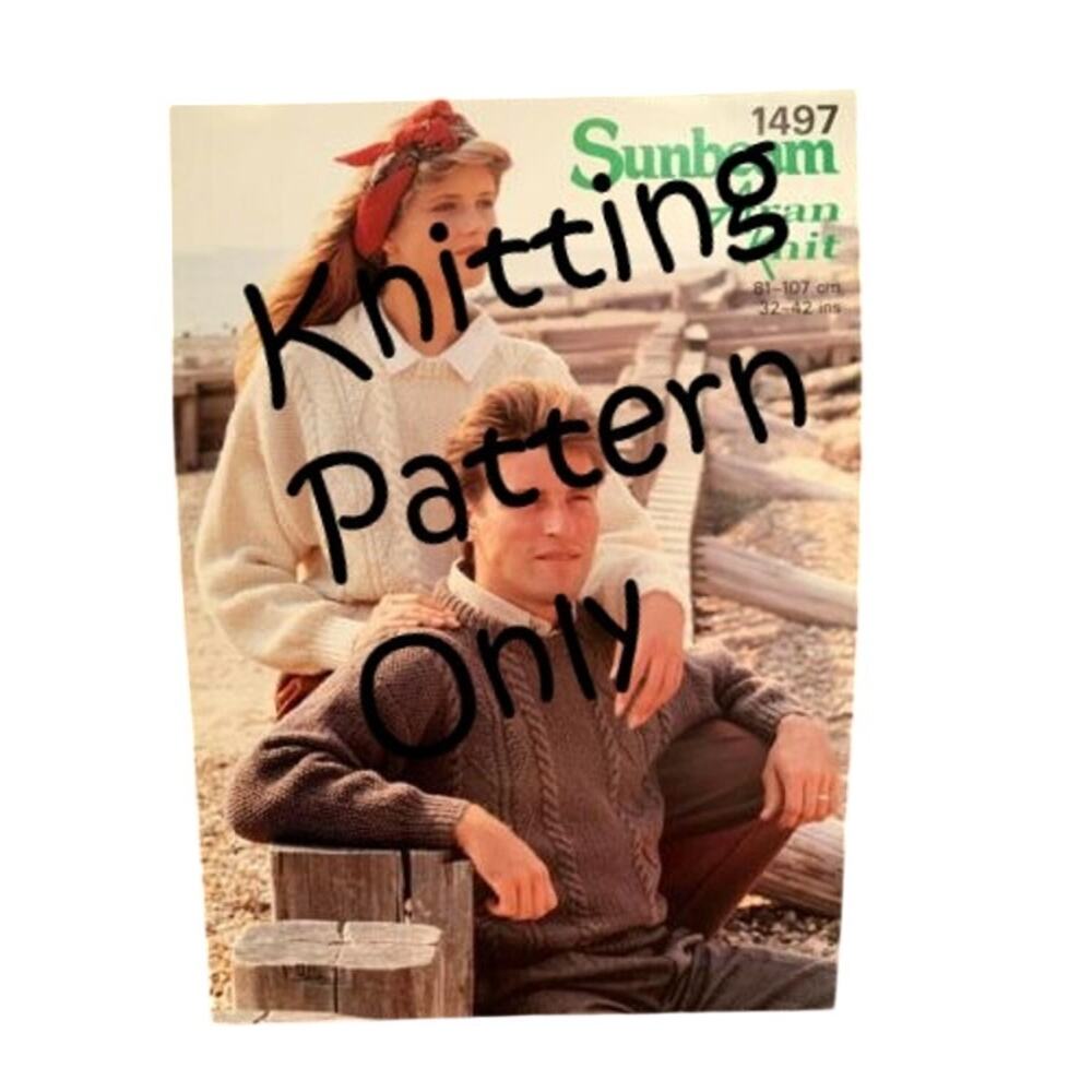 New Sunbeam Aran Knit 1497 His Hers Diamond Moss Stitch Sweater Knitting Pattern